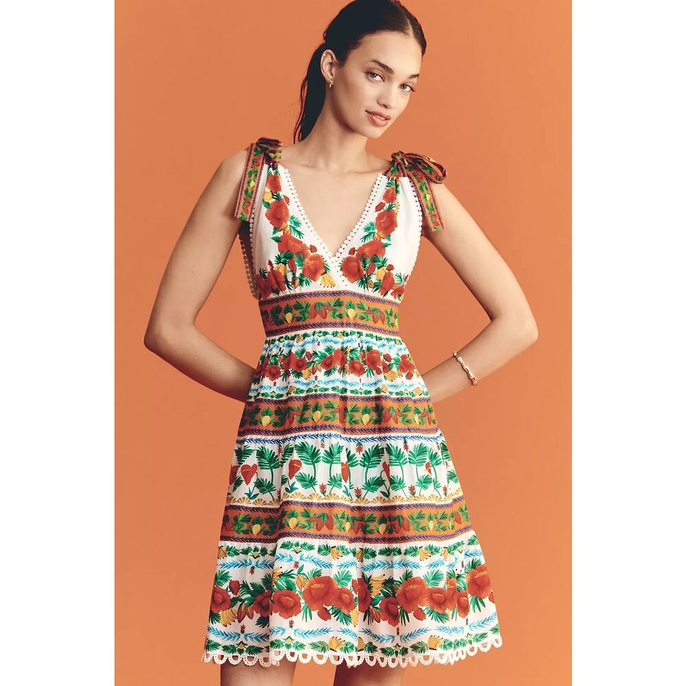 Farm Rio x Anthropologie V-Neck Tiered Mini Dress, Floral Fruit Beachy Large NWT